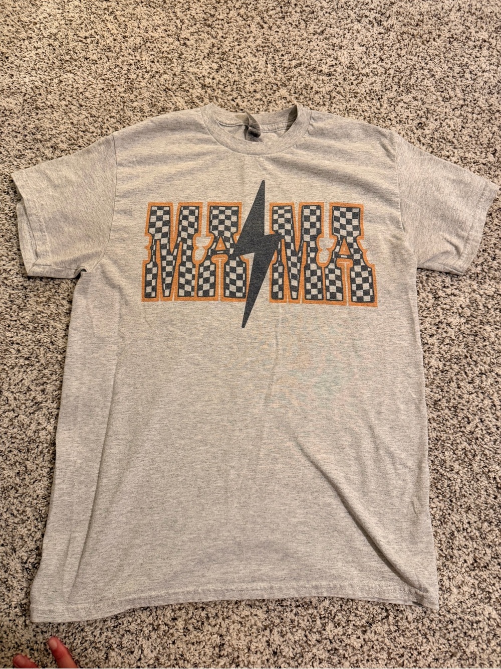 Gray Graphic Crew Neck T-Shirt with Checkerboard Lightning Design